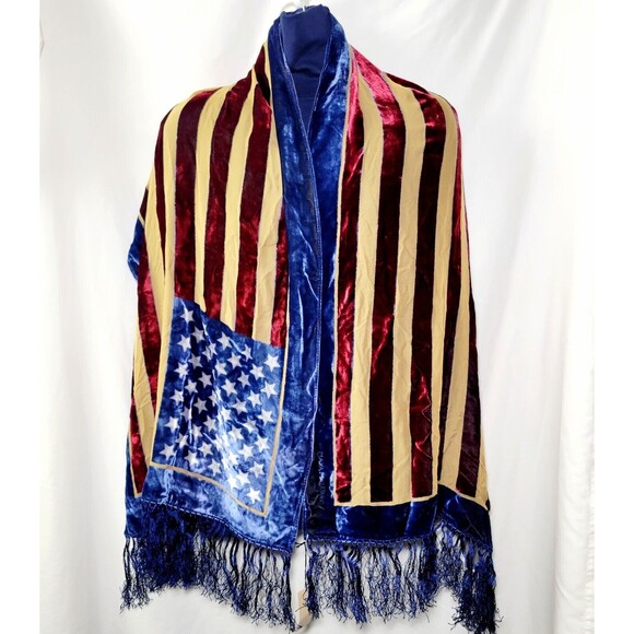 Maya Matazaro American USA Flag Silk Burnout Velvet Shawl Wrap With Fringe NWT - Picture 1 of 11